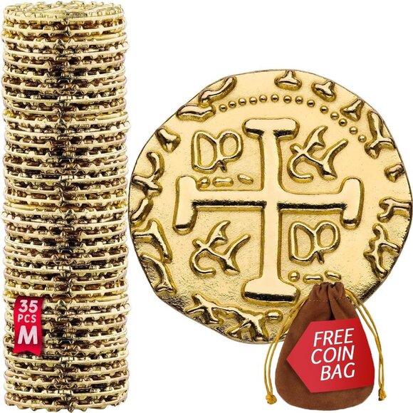 Gold Metal Pirate Coins - 35 Gold Treasure Coin Set, Metal Replica Spanish Doubl - Picture 1 of 6